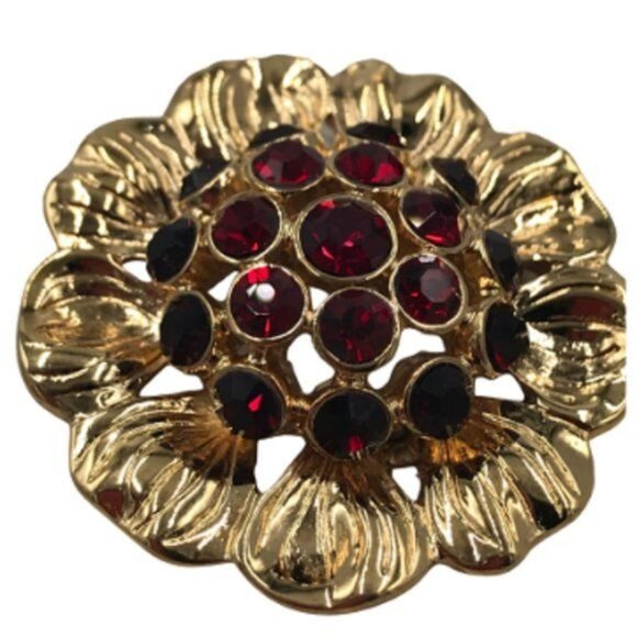 Monet Brooch Gold-tone Ruby Red Rhinestones Signed 1-1/2" x 3/8" - Picture 4 of 4